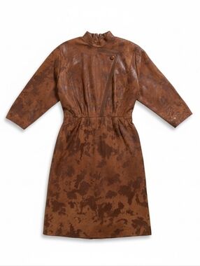 Vintage 80s 42 Leather Brown Cowhide Avant Garde High Neck Dress Western Glam